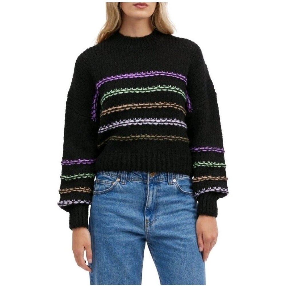 NVLT Rainbow Stripe Sweater Large Balloon Sleeve Cropped Boxy Wool Blend Anthro